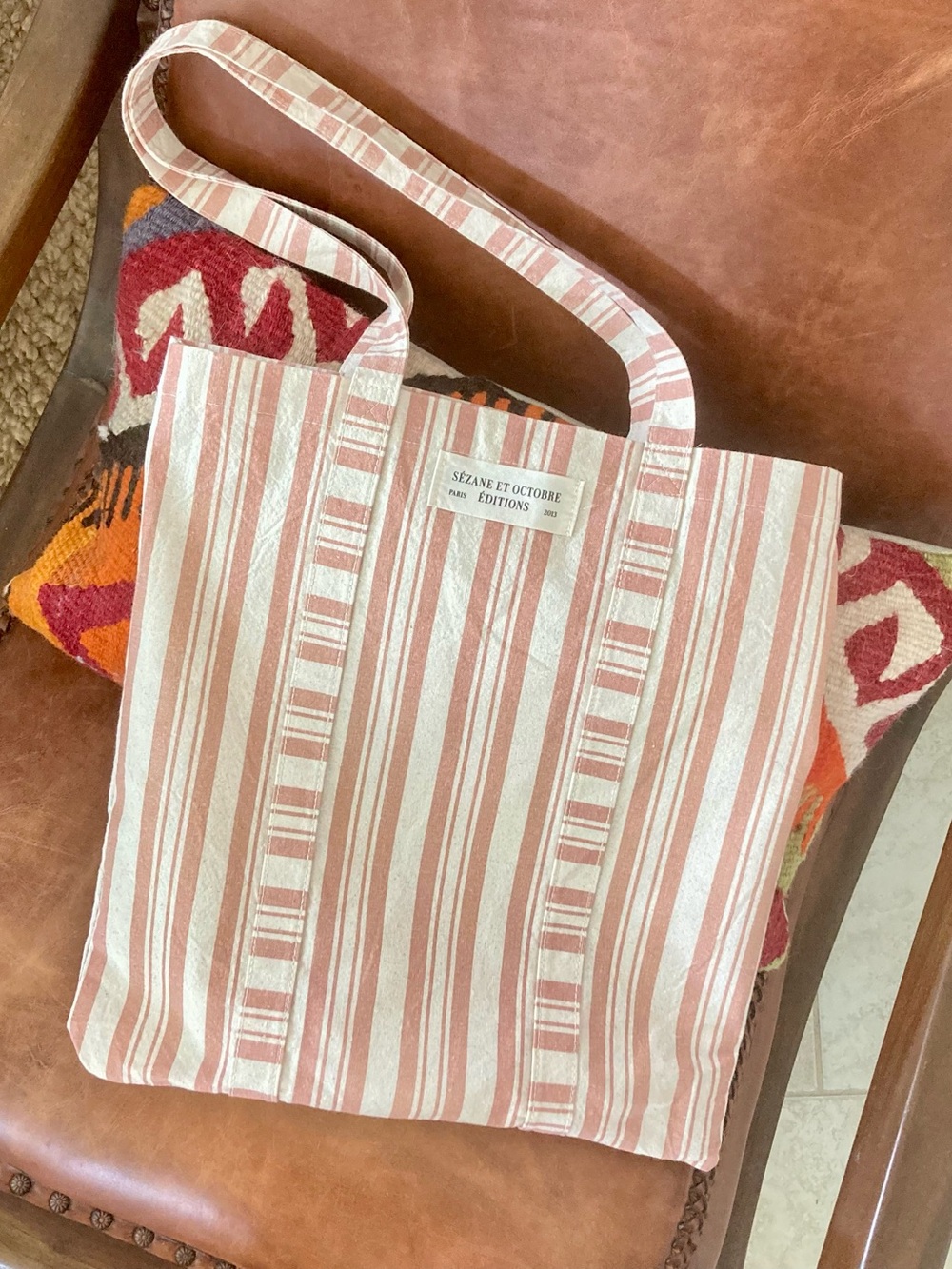 Sézane New Pink and White Striped Canvas Tote Bag